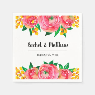Rosa och Gult Vattenfärgen Blommigt Bröllop Pappersservett