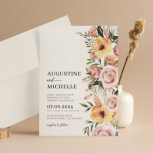 Rosa och Gult Vattenfärgen Blommigt Vår bröllop Inbjudningar
