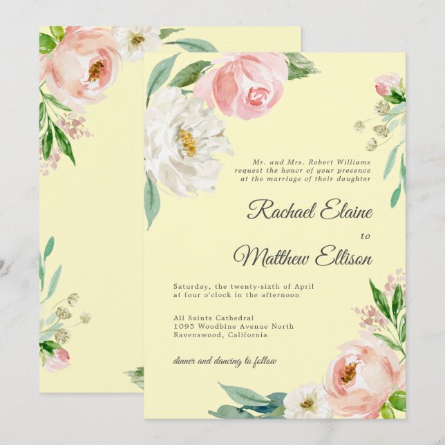  Rosa och Gult Vattenfärgens Blommigt i Bröllop i  Inbjudningar (Fram/baksida)