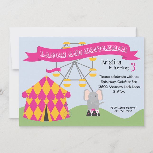Rosa- och gultkarnevalfödelsedagsfest inbjudan (Framsida)