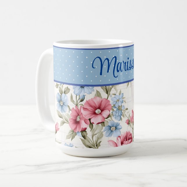 Rosa och himmelsblå blommor och prickar mugg (Framsida vänster)