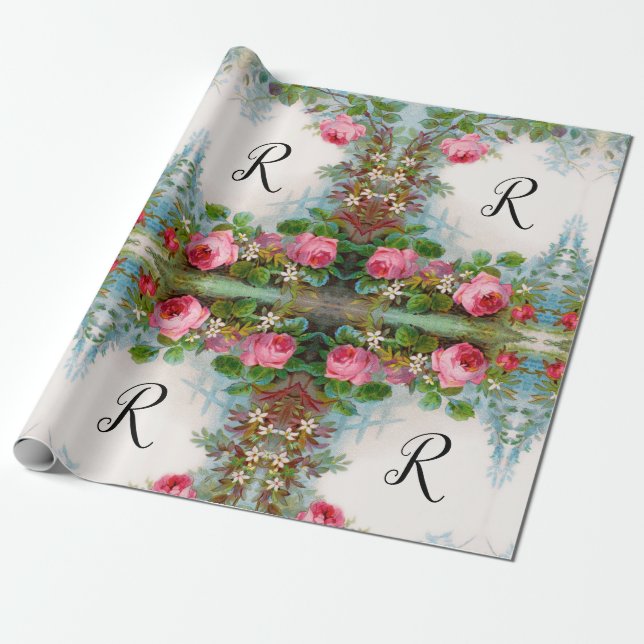 ROSA OCH JASMINER BLOMSTERMONOGRAM PRESENTPAPPER (Utrullad)