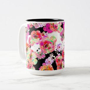 Rosa och koral Vår-Blommigten på Svarta och vita Två-Tonad Mugg