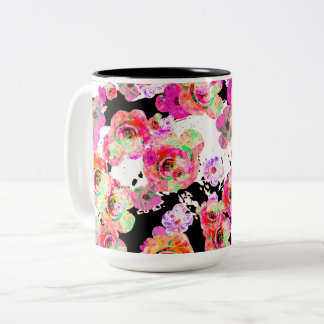 Rosa och koral Vår-Blommigten på Svarta och vita Två-Tonad Mugg