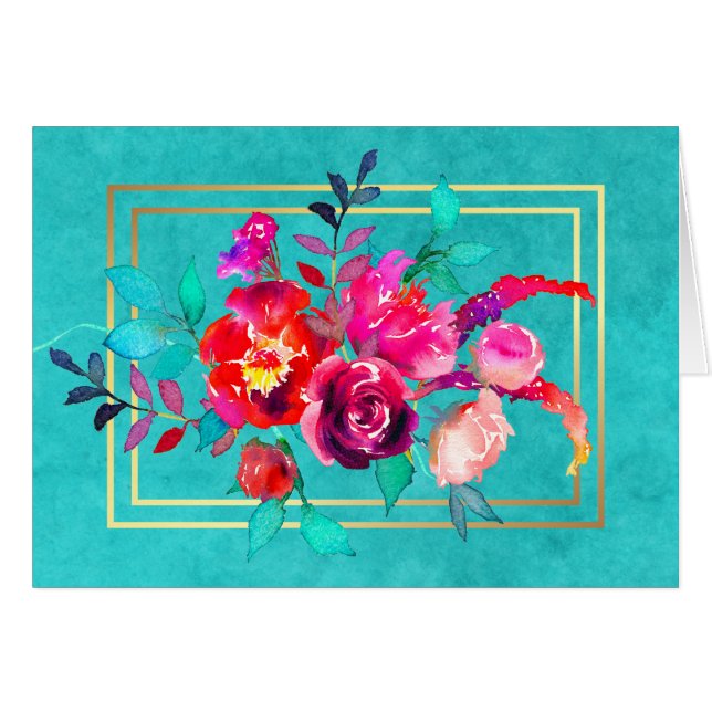 Rosa- och korallblommor på turkos vattenfärg hälsningskort (Framsidan Horizontal)