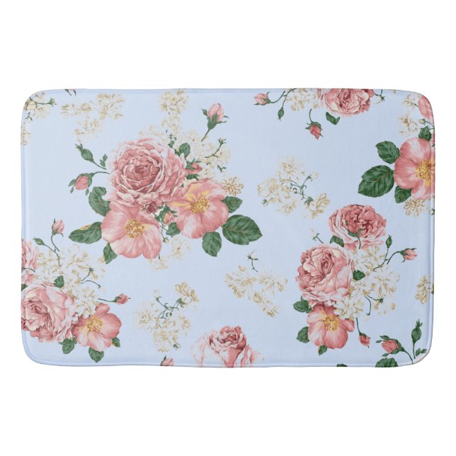 Rosa och kräm på blå vintage blomster    badrumsmatta (Framsidan)