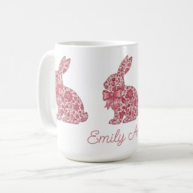Rosa och krämfärgad Chinoiserie Påskkanin Kaffemugg (Framsida vänster)