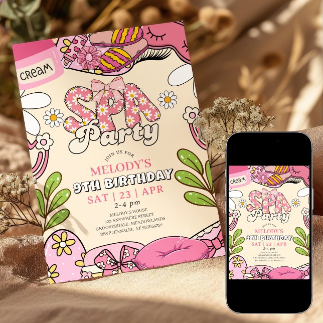 Rosa och krämfärgad retro-daisy-spa-fest födelseda inbjudningar (Skapare uppladdad)