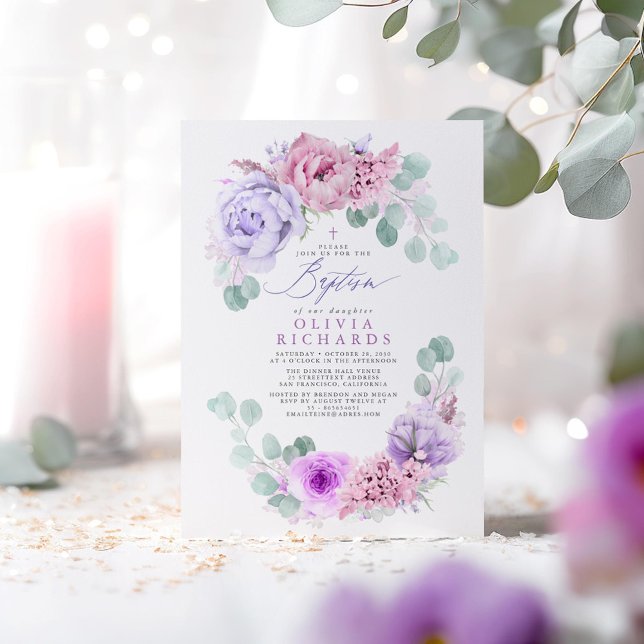 Rosa och lätt Lila blommor Eucalyptus Baptism Inbjudningar (Purple and Pink Floral Baptism Invitations)
