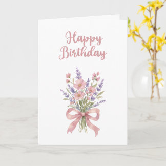 Rosa och lavendel vattenfärg blomster födelsedagsk kort