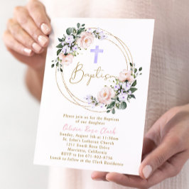 Rosa och Lavender Blommigt Baptism Guld Ram Inbjudningar