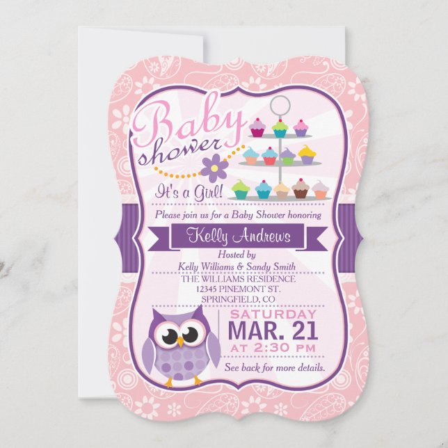 Rosa och lavender Lila; Uggla Baby Shower Inbjudningar (Framsida)