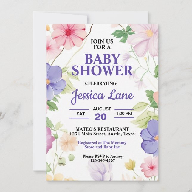 Rosa och Lavender Wildblommor Pastel Baby Shower Inbjudningar (Framsida)