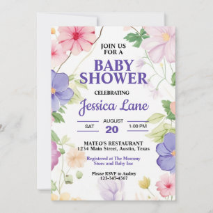 Rosa och Lavender Wildblommor Pastel Baby Shower Inbjudningar