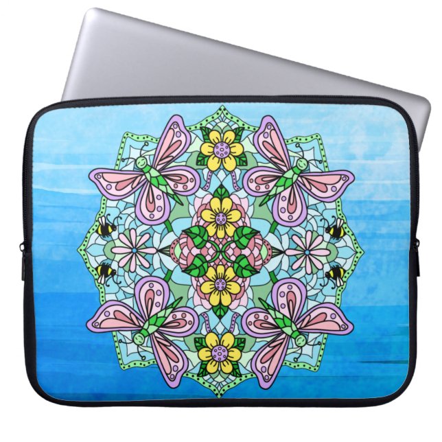 Rosa och Light Blue Hand plockade Mandala Laptop Fodral (Framsidan)