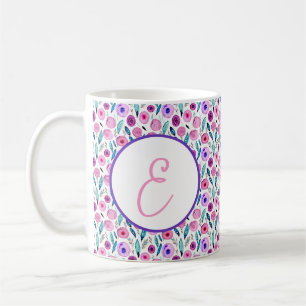 Rosa och lila akvarellblommigt monogrammönster kaffemugg