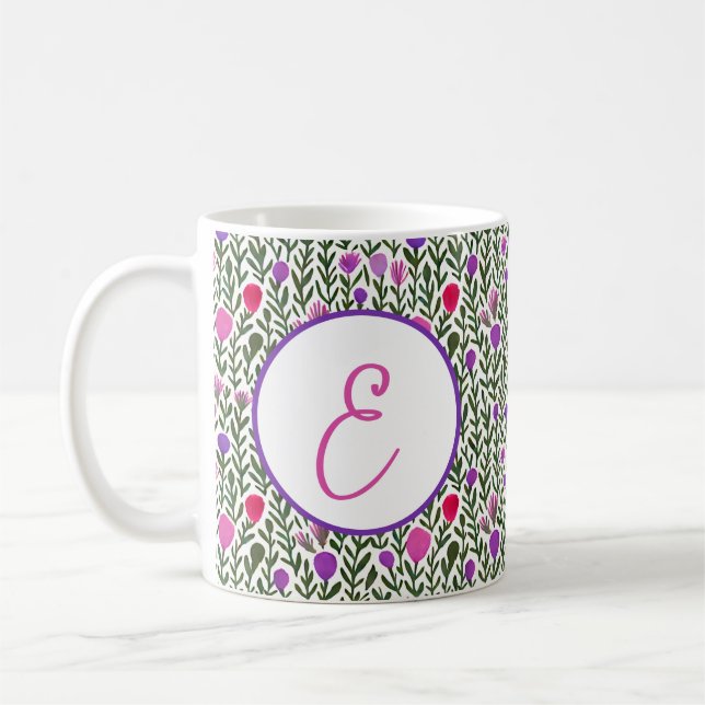 Rosa och lila akvarellblommor monogram kaffemugg (Vänster)