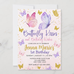Rosa OCH LILA AV BUTTERFLISKA KISSER 1 BIRTHDAG Inbjudningar