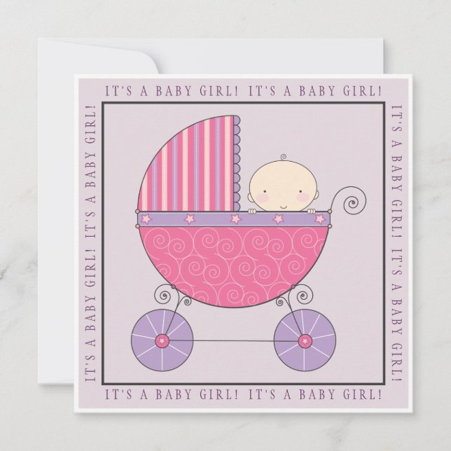 Rosa och Lila Baby i Carriage Girl Baby Shower Inbjudningar (Framsida)
