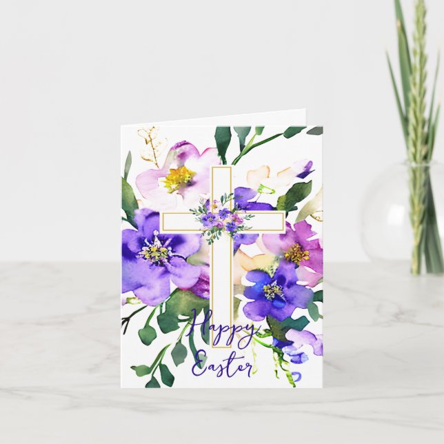 Rosa och lila blomkors anpassad påsk helgkort (Framsida)