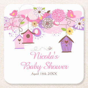 Rosa och lila blommiga fågelburar Baby Shower Underlägg Papper Kvadrat