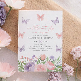 Rosa och Lila Blommigt Butterfly 1:a födelsedag Inbjudningar