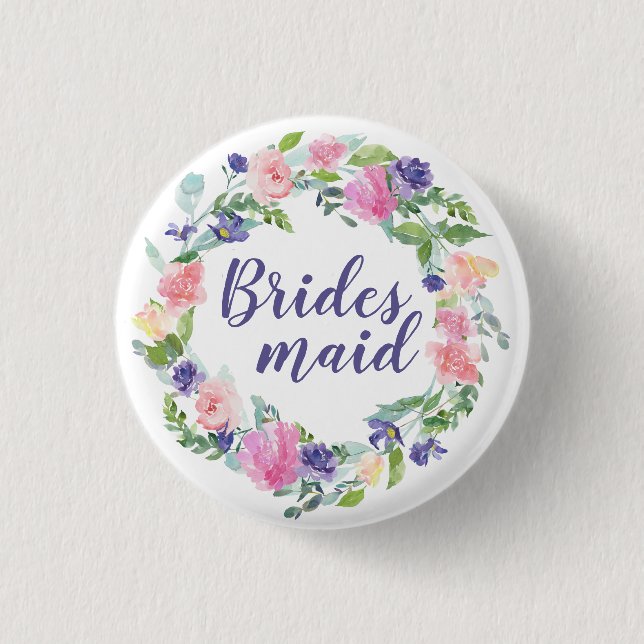 Rosa och Lila Blommigt för vattenfärg Bridesmaid Knapp (Framsida)