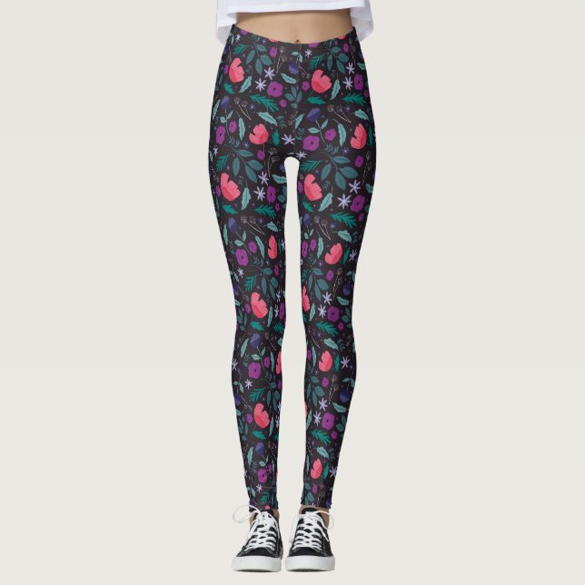 Rosa och Lila Blommigt Illustration Mönster Leggings (Framsida)
