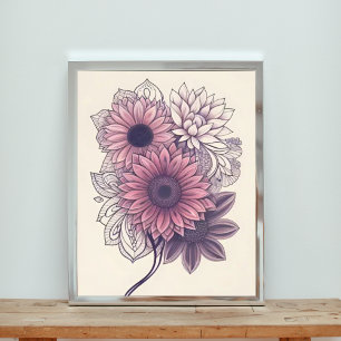 Rosa och Lila Blommigt Mandala Art Fototryck