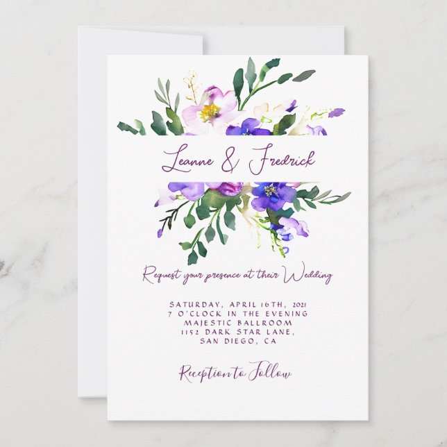Rosa och lila blommigt personligt bröllp inbjudningar (Framsida)