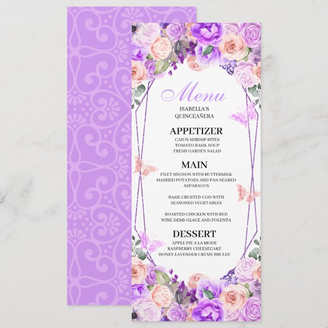 Rosa och Lila Blommigt Quinceanera Menu Inbjudningar (Fram/baksida)