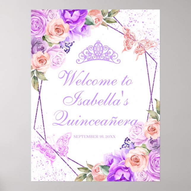 Rosa och Lila Blommigt Quinceanera Välkomsttecken Poster (Framsidan)