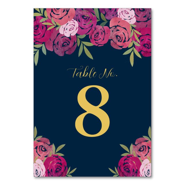 Rosa och Lila Blommigt Ro Löv Blue Bröllop Bordsnummer (Framsidan)