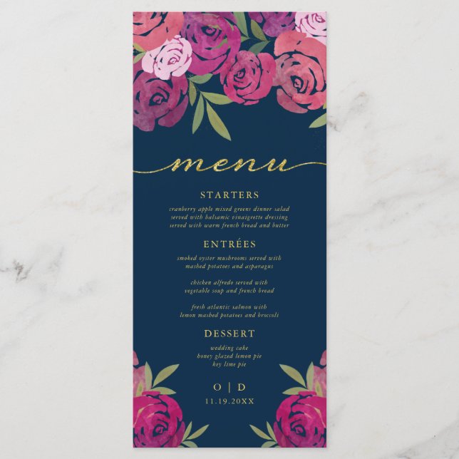 Rosa och Lila Blommigt Ro Löv Blue Bröllop Meny (Framsida)