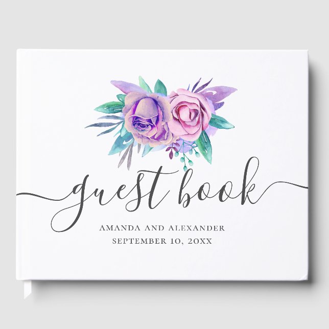 Rosa och lila blommigt, skript bröllop gästböcker (Framsida)