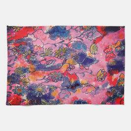 Rosa och Lila blommor Garden Original Watercolor Kökshandduk