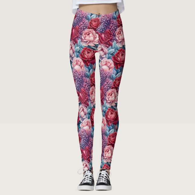 Rosa och Lila blommor Leggings (Framsida)