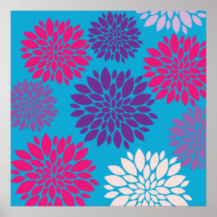 Rosa och Lila blommor på blått blått blått Poster