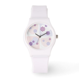 Rosa och Lila blommor på pastellCheckers Armbandsur