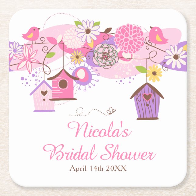 Rosa och lila blomsterfågelsburar bröllopsfest underlägg papper kvadrat (Framsidan)