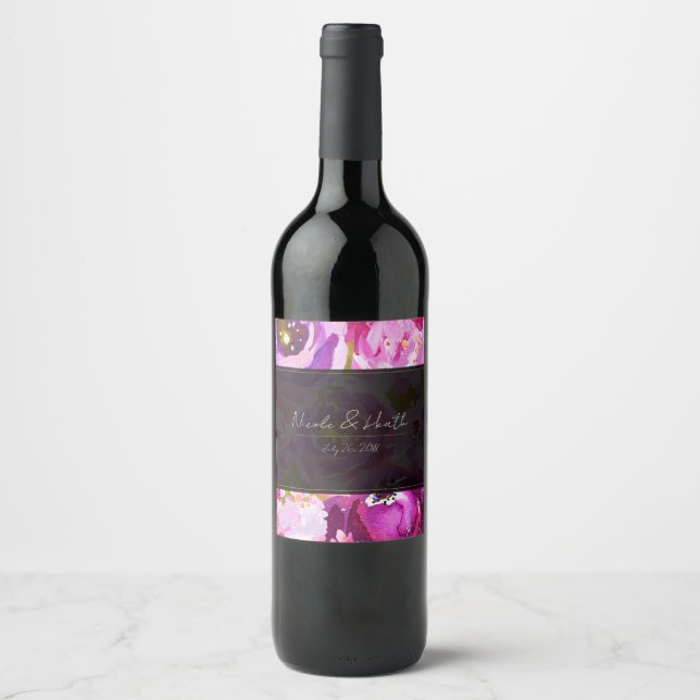 Rosa och lila Blomstermönster till Bröllop Vinflaska Etikett (Framsida)