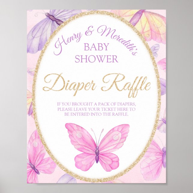 Rosa och Lila Butterfly Baby Shower Diaper Raffle Poster (Framsidan)