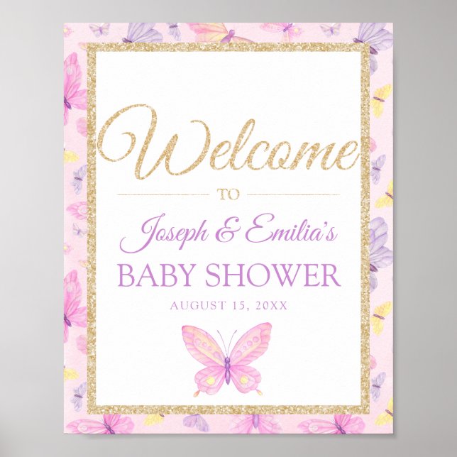 Rosa och Lila Butterfly Baby Shower Välkommen Poster (Framsidan)