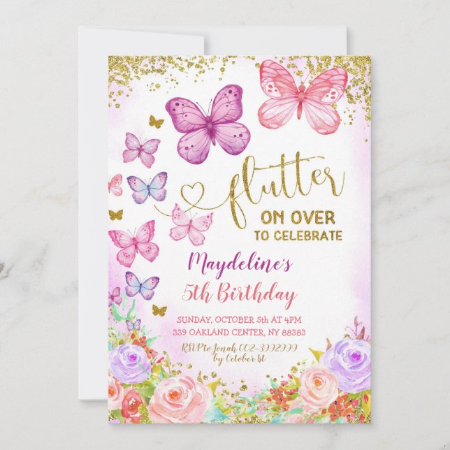 Rosa och Lila Butterfly Barn Birthday Inbjudan (Framsida)