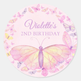 Rosa och Lila Butterfly Födelsedagsfest Runt Klistermärke