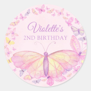 Rosa och Lila Butterfly Födelsedagsfest Runt Klistermärke