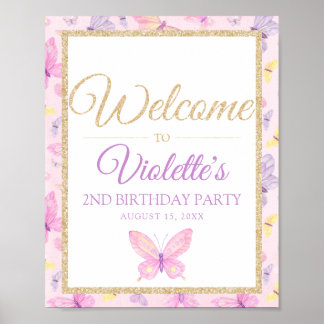 Rosa och Lila Butterfly Födelsedagsfest Välkommen Poster