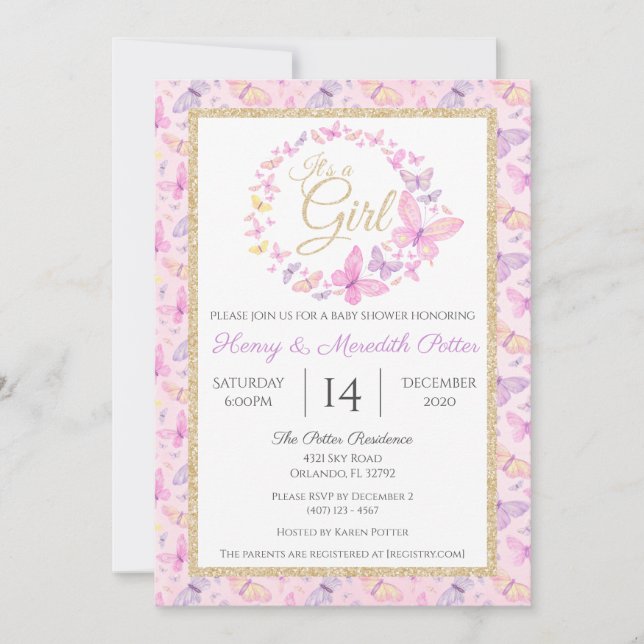 Rosa och Lila Butterfly Girls Baby Shower Inbjudningar (Framsida)