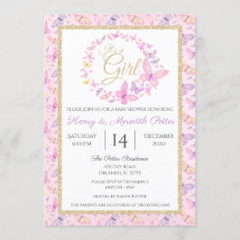 Rosa och Lila Butterfly Girls Baby Shower Inbjudningar