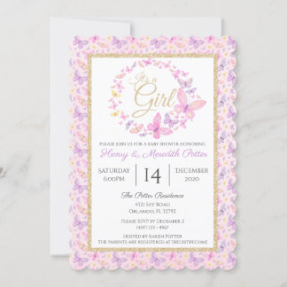 Rosa och Lila Butterfly Girls Baby Shower Invita Inbjudningar
